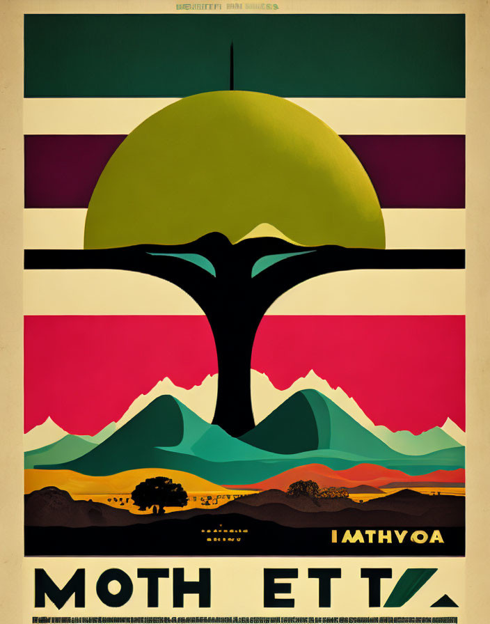 Stylized tree silhouette and colorful hills on vintage-style poster.