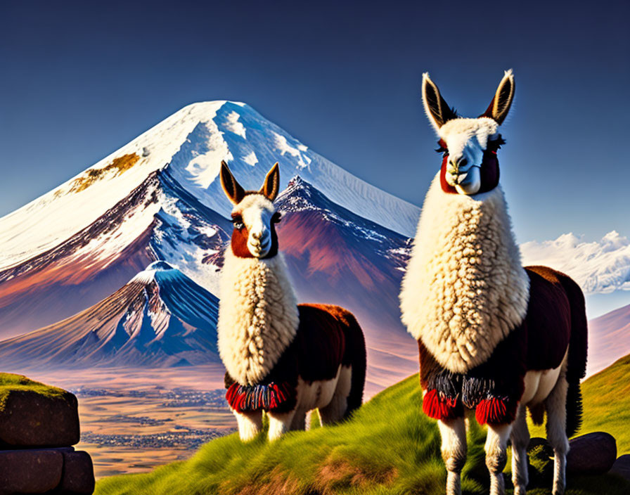 Traditional llamas in front of snow-capped mountain landscape