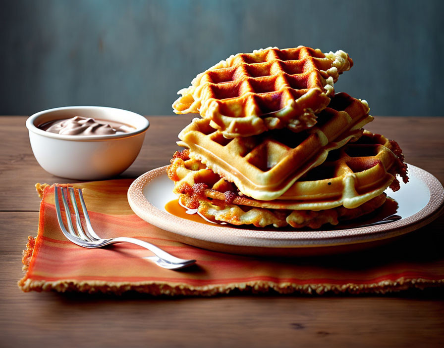 Golden-brown waffles with dipping sauce on wooden table