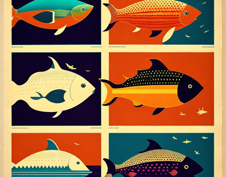 Colorful Retro-Style Fish Illustration on Grid Background