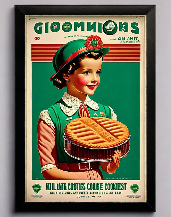 Vintage-style poster: Smiling girl with pie in green attire for cookie contest