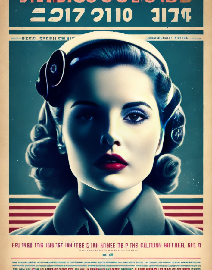 Vintage Style Poster with 1940s Hairstyle Woman & Headphones