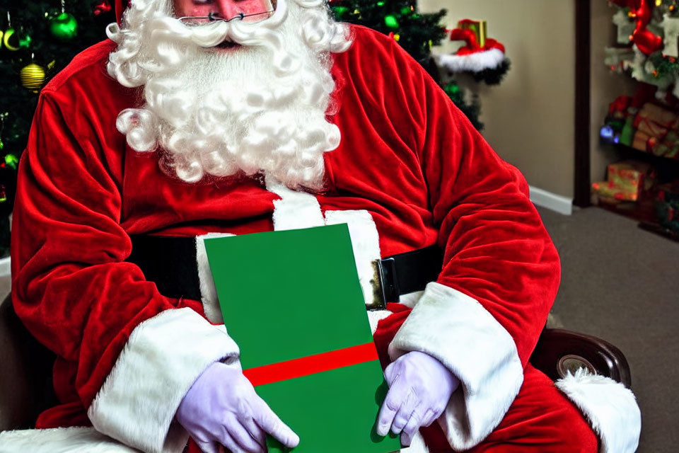 Santa Claus costume person with gift near Christmas tree