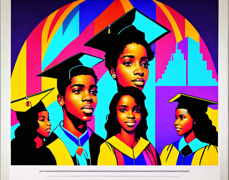 Vibrant graduation illustration with four students in caps and gowns