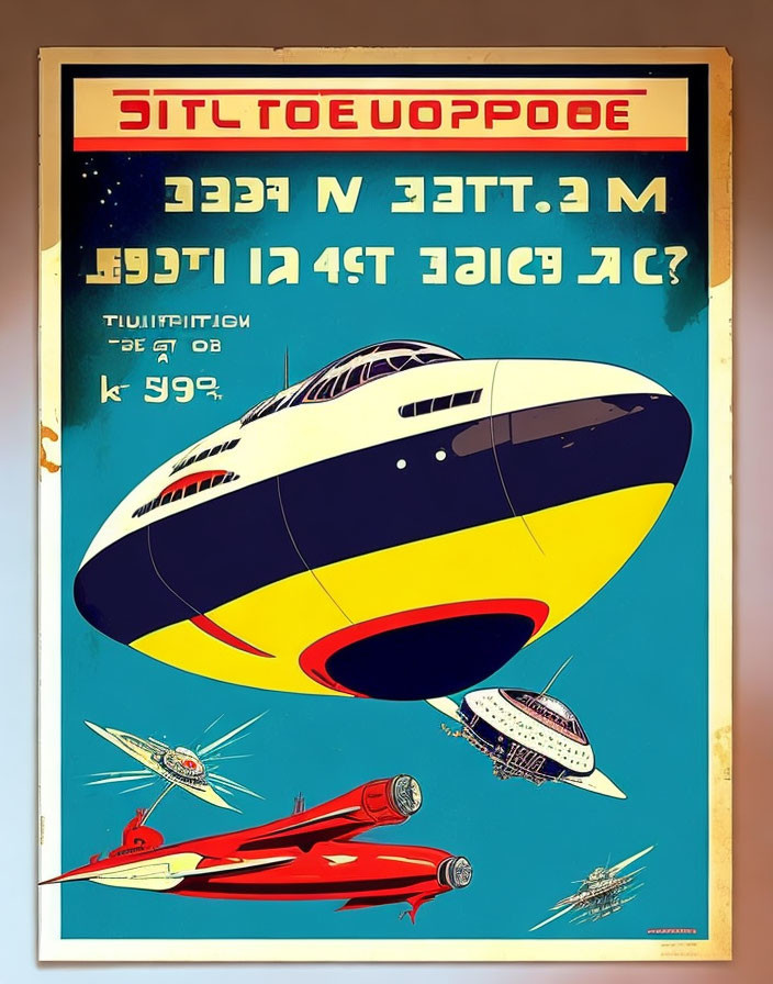 Vintage Futuristic Space Travel Poster with Stylized Spacecraft and Retro Fonts