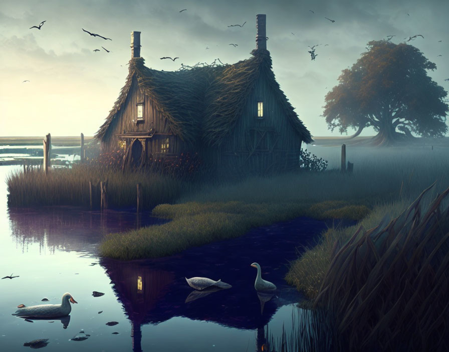 Tranquil twilight landscape with thatched cottages, lake, swans, and birds.