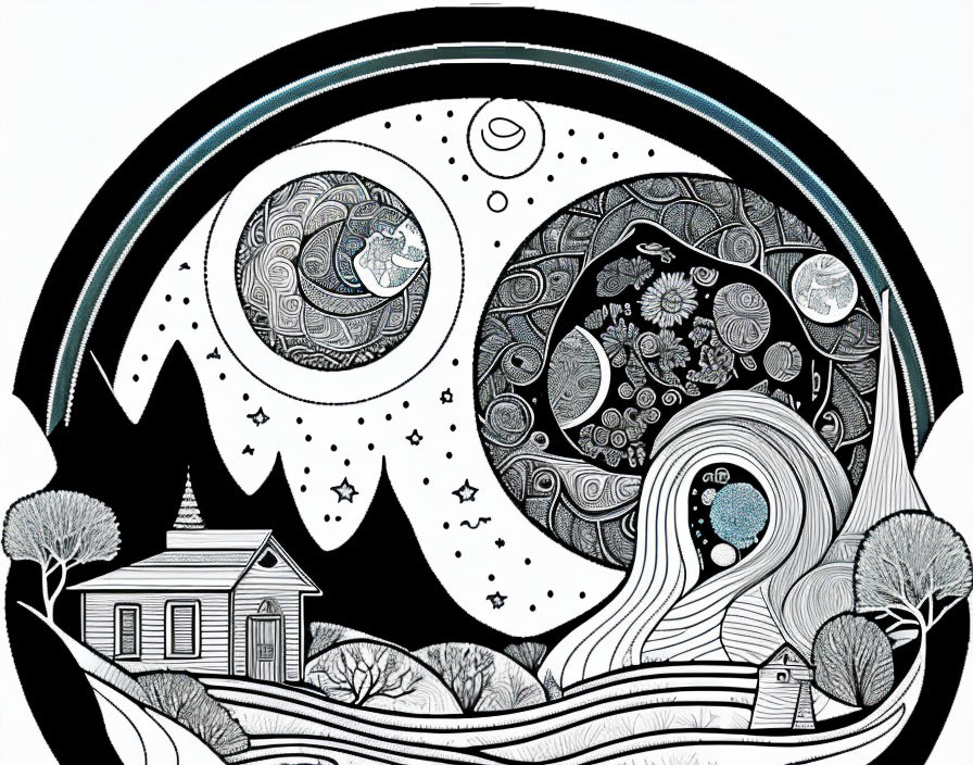 Detailed black and white surreal landscape drawing with swirling patterns, house, trees, and celestial bodies