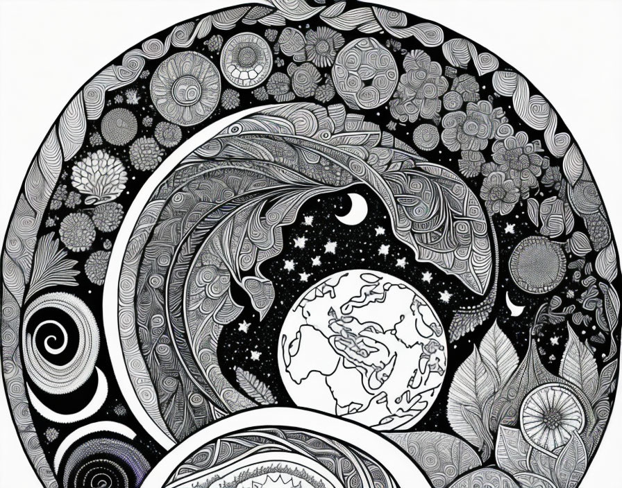 Detailed Black and White Celestial Illustration with Circular Patterns