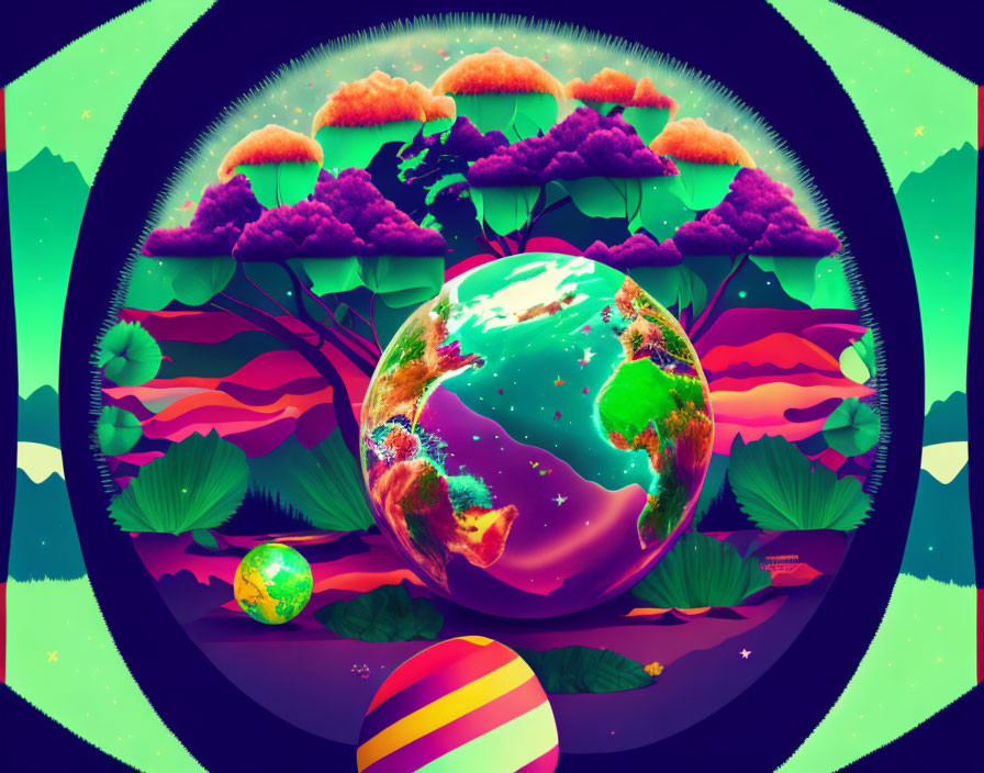 Colorful Stylized Earth Landscape with Fantastical Flora and Purple Clouds