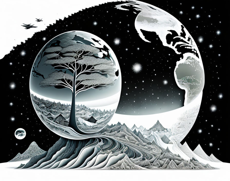 Monochrome fantasy landscape with crescent moon, spherical tree world, mountains, and starry sky