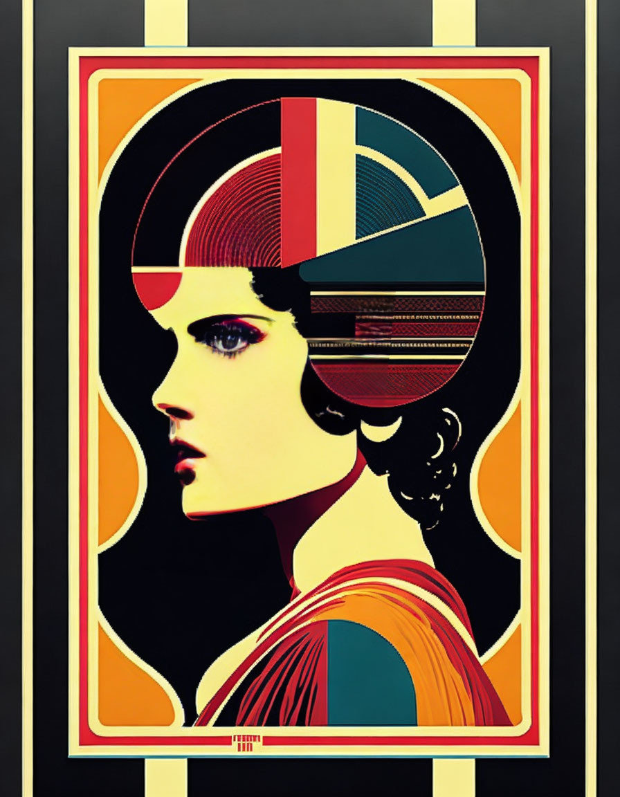 Art deco style illustration of a woman with stylized helmet in gold frame