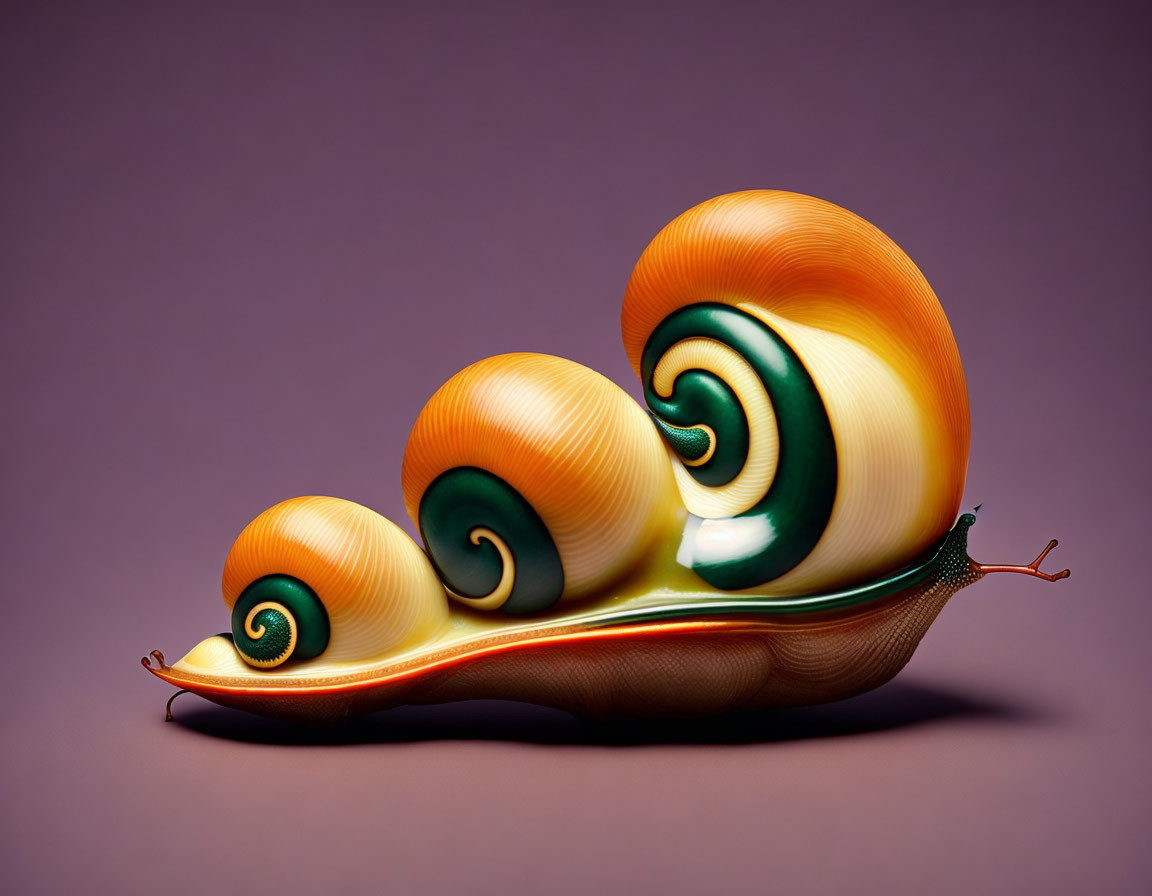 Digitally manipulated snail with swirling orange and green shells on purple background