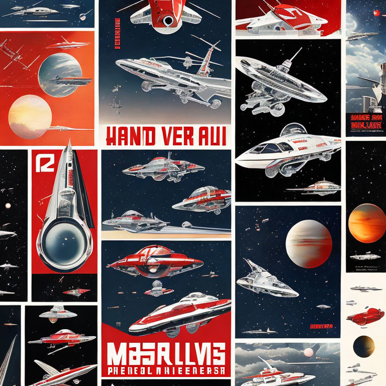 Vintage-style Posters Featuring Futuristic Spacecraft and Planets