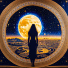 Silhouette of woman against moon and stars tapestry