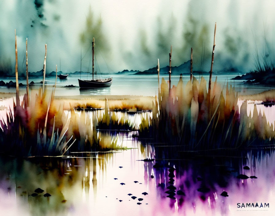 Serene landscape watercolor painting with boat, tall grasses, and misty mountains