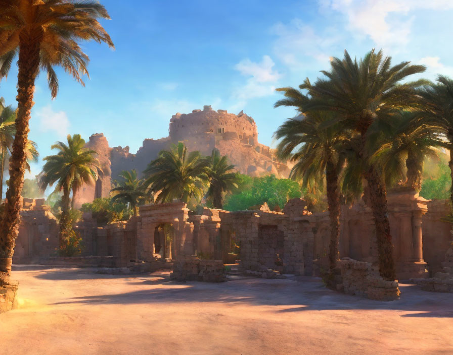 Ancient cityscape with palm trees, ruins, and castle under sunlit sky