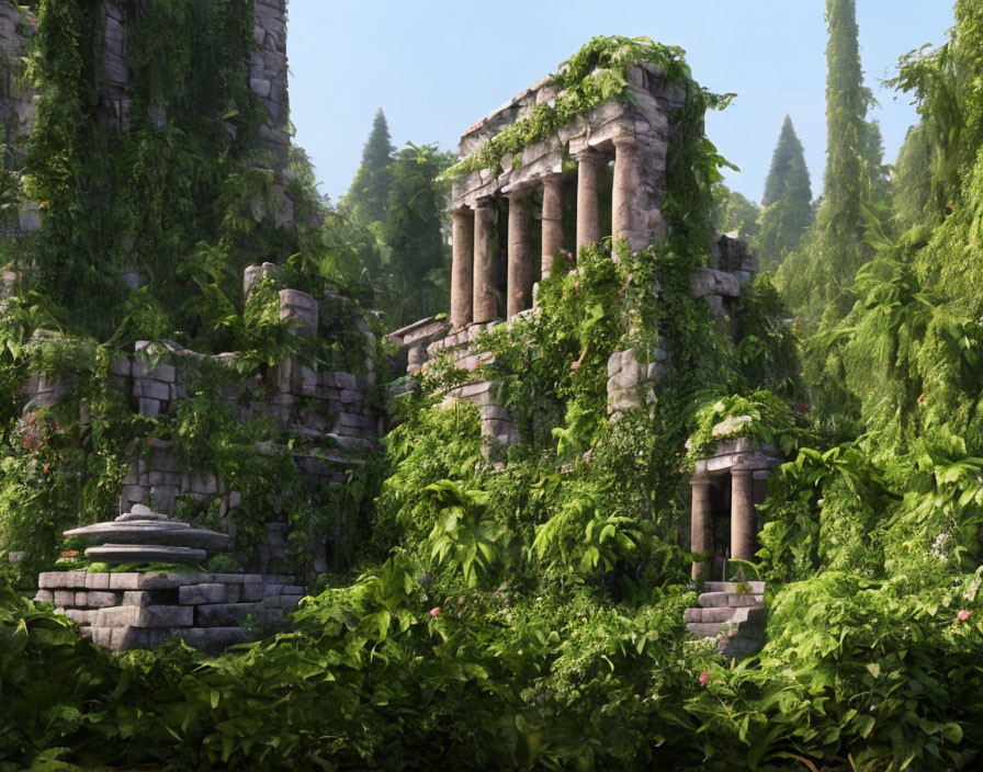 Ancient stone temple reclaimed by lush greenery in serene forest