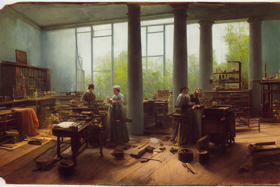 19th-Century Interior Scene with Four Individuals in Period Attire Working in Sunlit, Cl