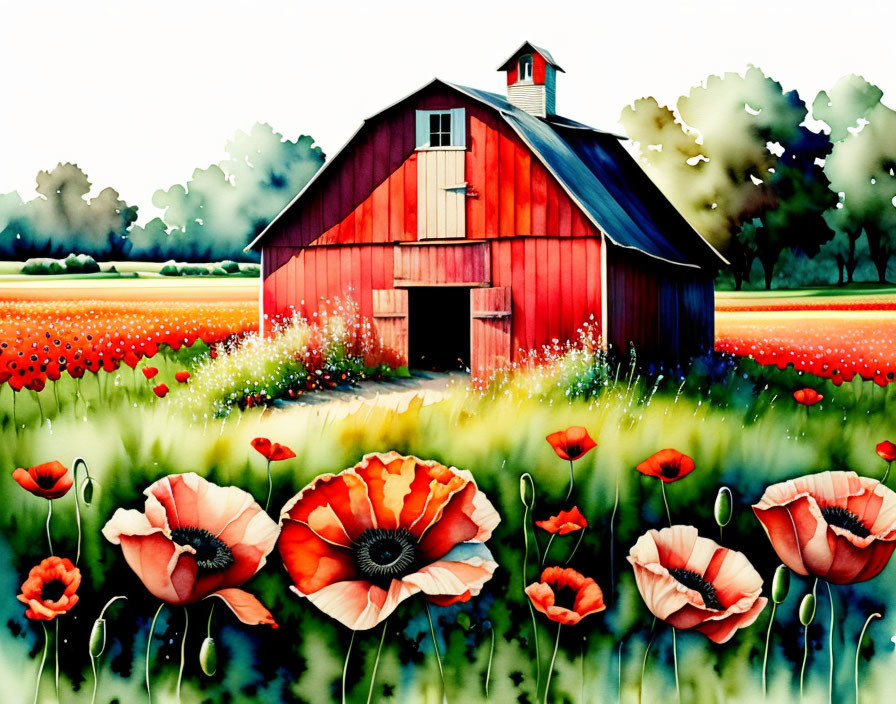 Colorful illustration: Red barn in poppy field with whimsical sky