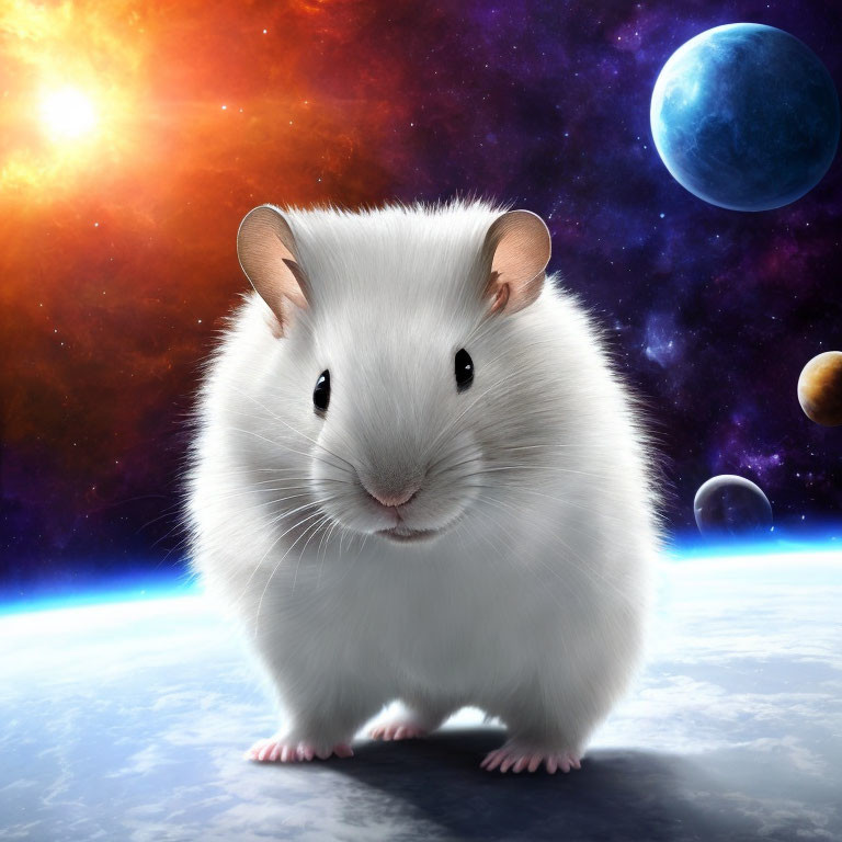 Fluffy white hamster in cosmic setting with vibrant planets.