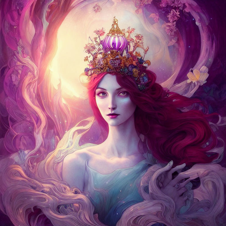 Vibrant red-haired figure with jeweled crown in mystical setting