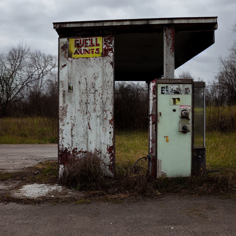 Abandoned fuel pump station with peeling paint and rust under a dilapidated canopy