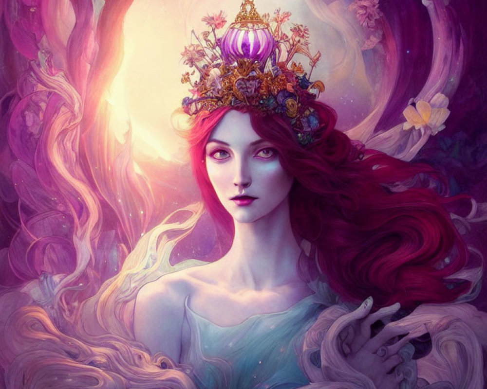 Vibrant red-haired figure with jeweled crown in mystical setting