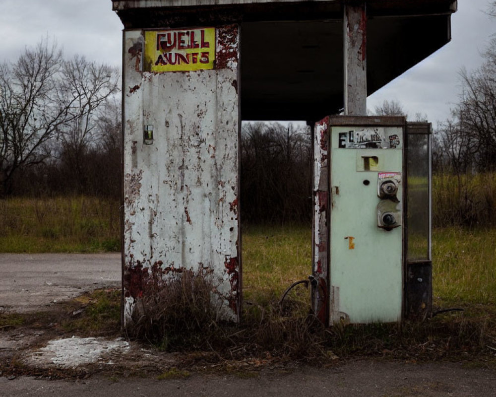 Abandoned fuel pump station with peeling paint and rust under a dilapidated canopy