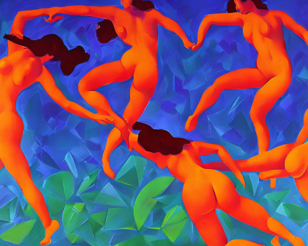 Colorful Abstract Painting: Orange Human Figures on Blue Background