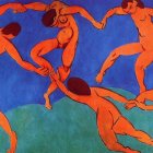 Colorful Abstract Painting: Orange Human Figures on Blue Background