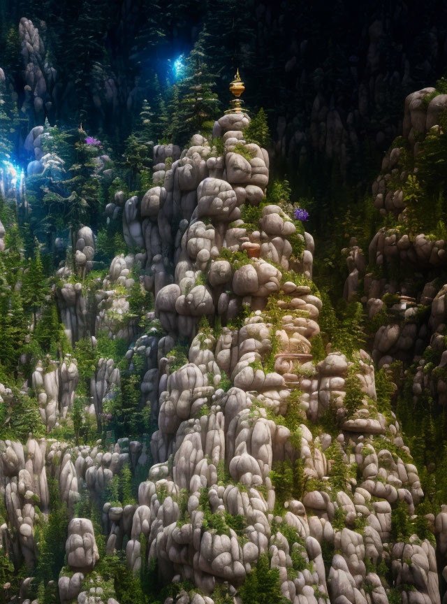 Mystical forest with dense trees, rocky hills, and pagoda on hilltop