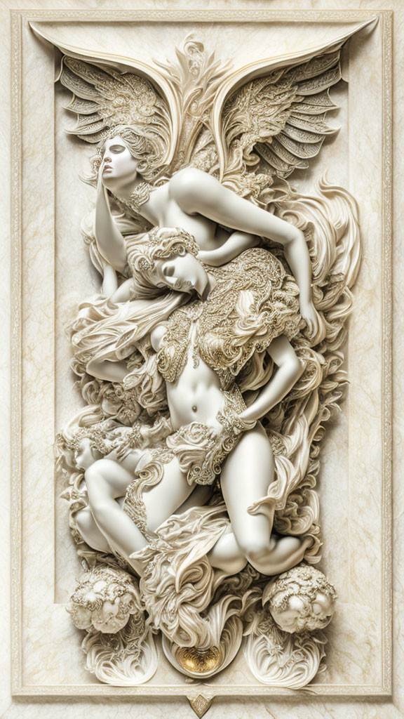 Intricate Bas-Relief Sculpture of Reclining Winged Woman