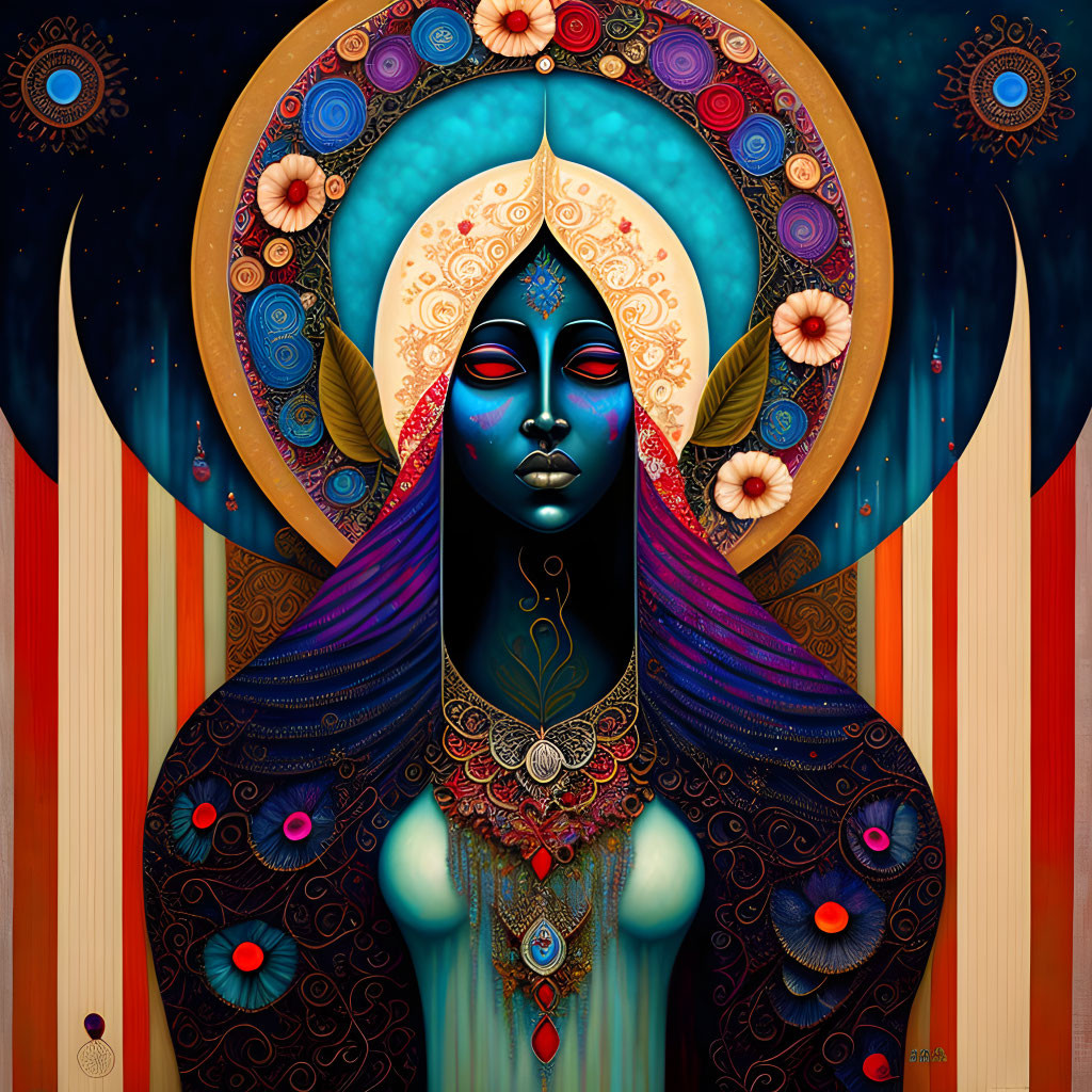 Colorful artwork featuring blue-skinned woman with celestial motifs