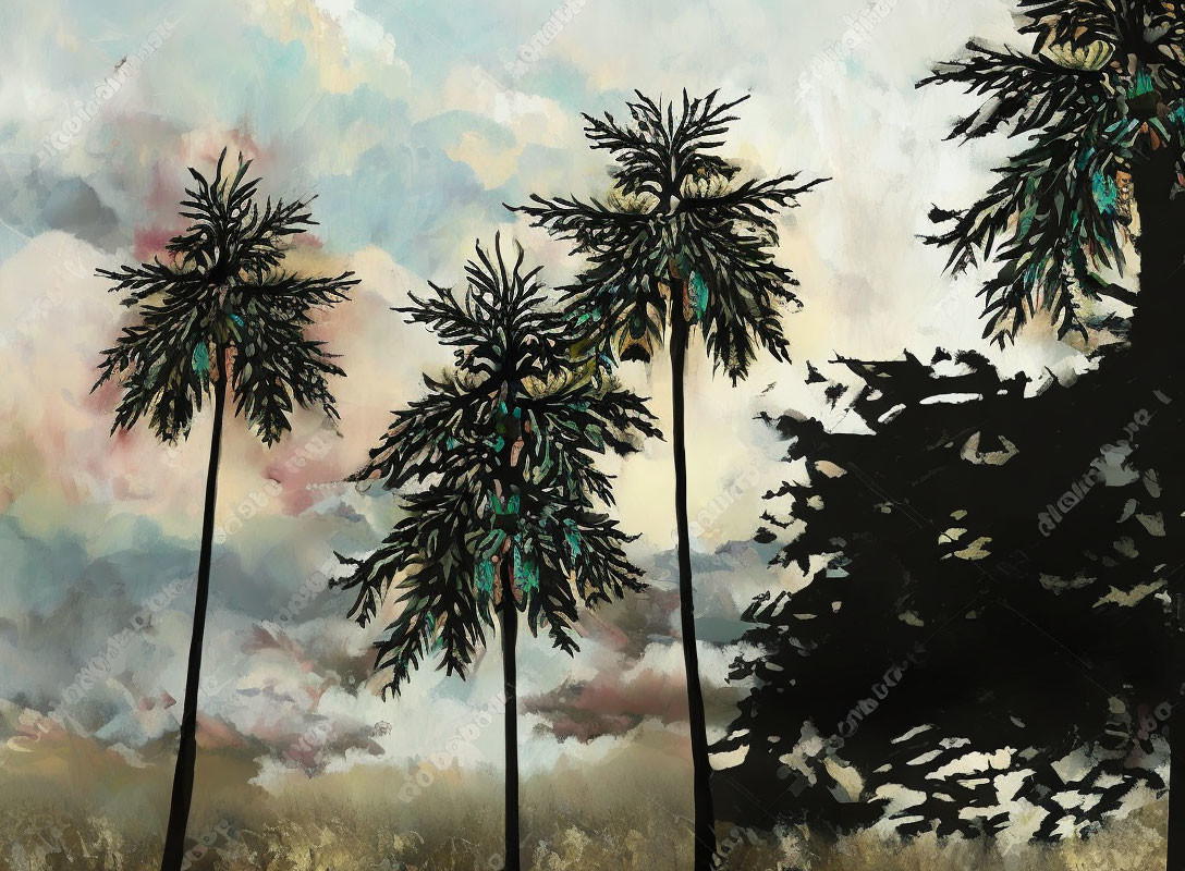 Pastel-colored palm trees against textured sky with dark foliage silhouette