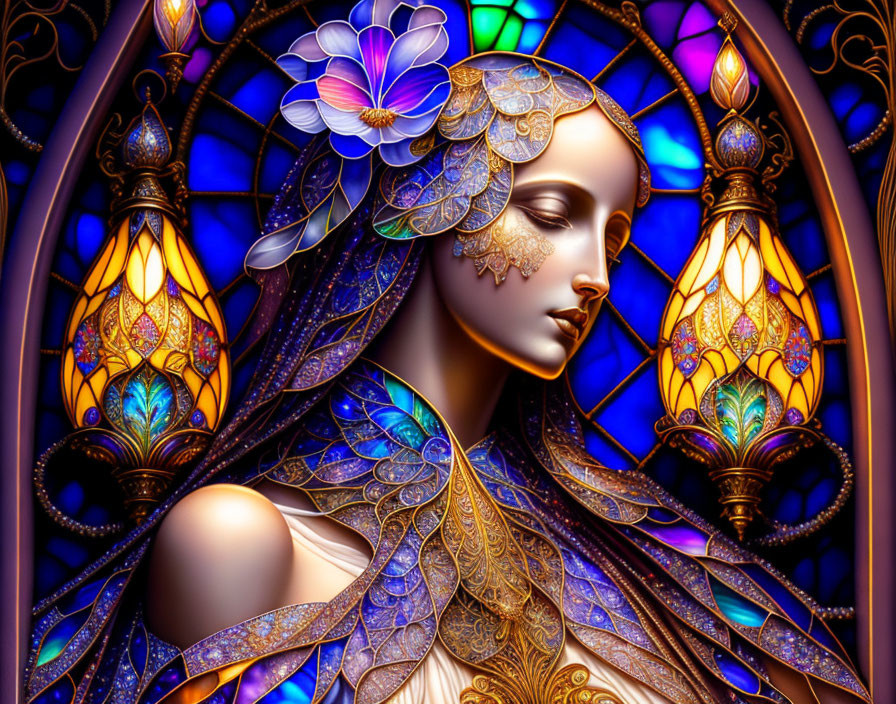 Illustrated Woman with Golden Hair in Stained Glass Setting