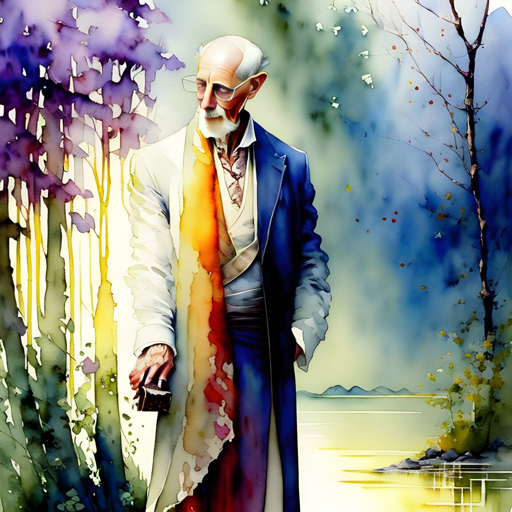 Elderly man in blue coat with book, watercolor illustration of wisteria and lake