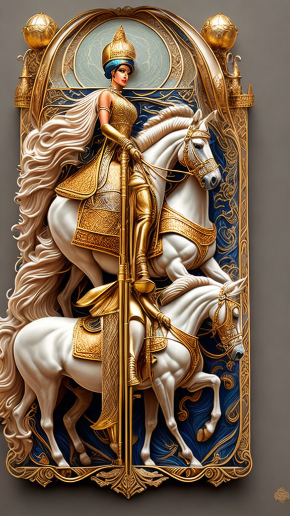 Warrior woman in golden armor on white horse in ornate illustration