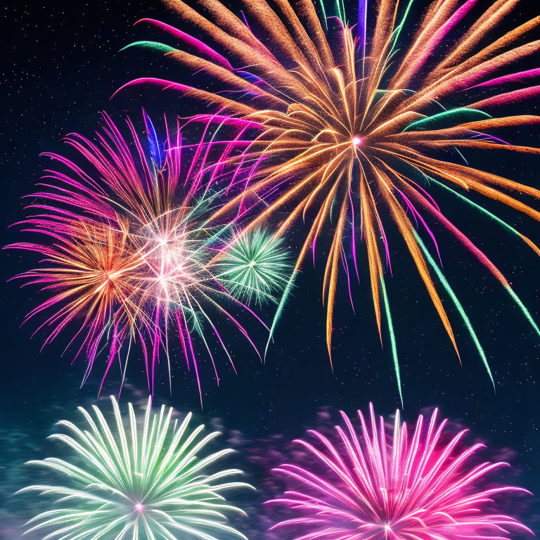 Colorful fireworks illuminate night sky over reflective water.