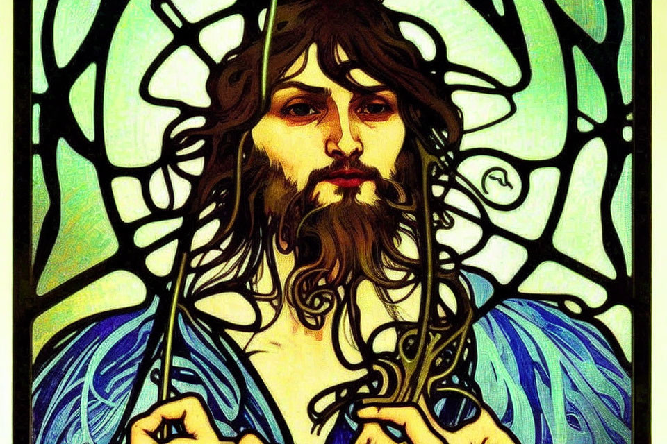 Bearded figure in stained glass style with flowing hair.