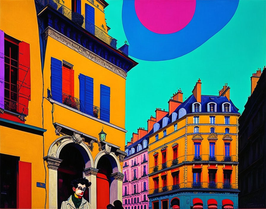 Colorful Cityscape Illustration with Oversized Moon and Sunglasses Person