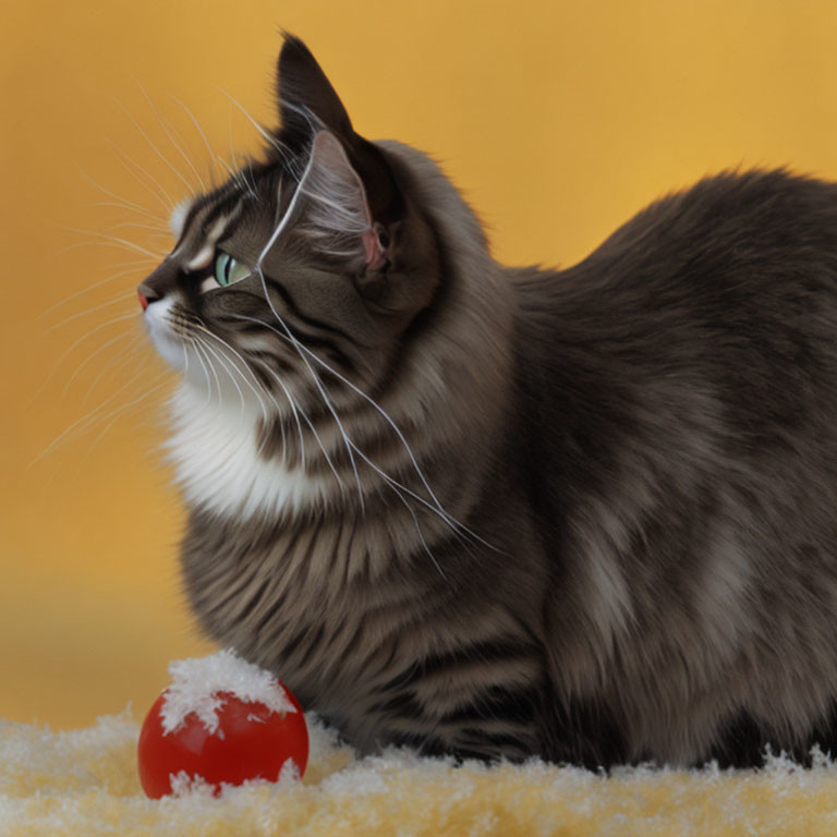 Gray and White Cat with Red Snow-Covered Ball on Yellow Background