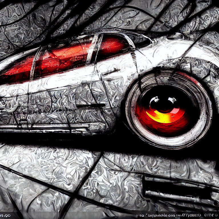 Stylized rear view of silver car with glowing red brake light surrounded by swirling brushstrokes