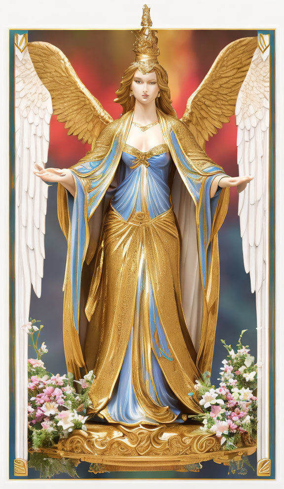 Ornate angel statue with outstretched wings and golden robes against floral backdrop