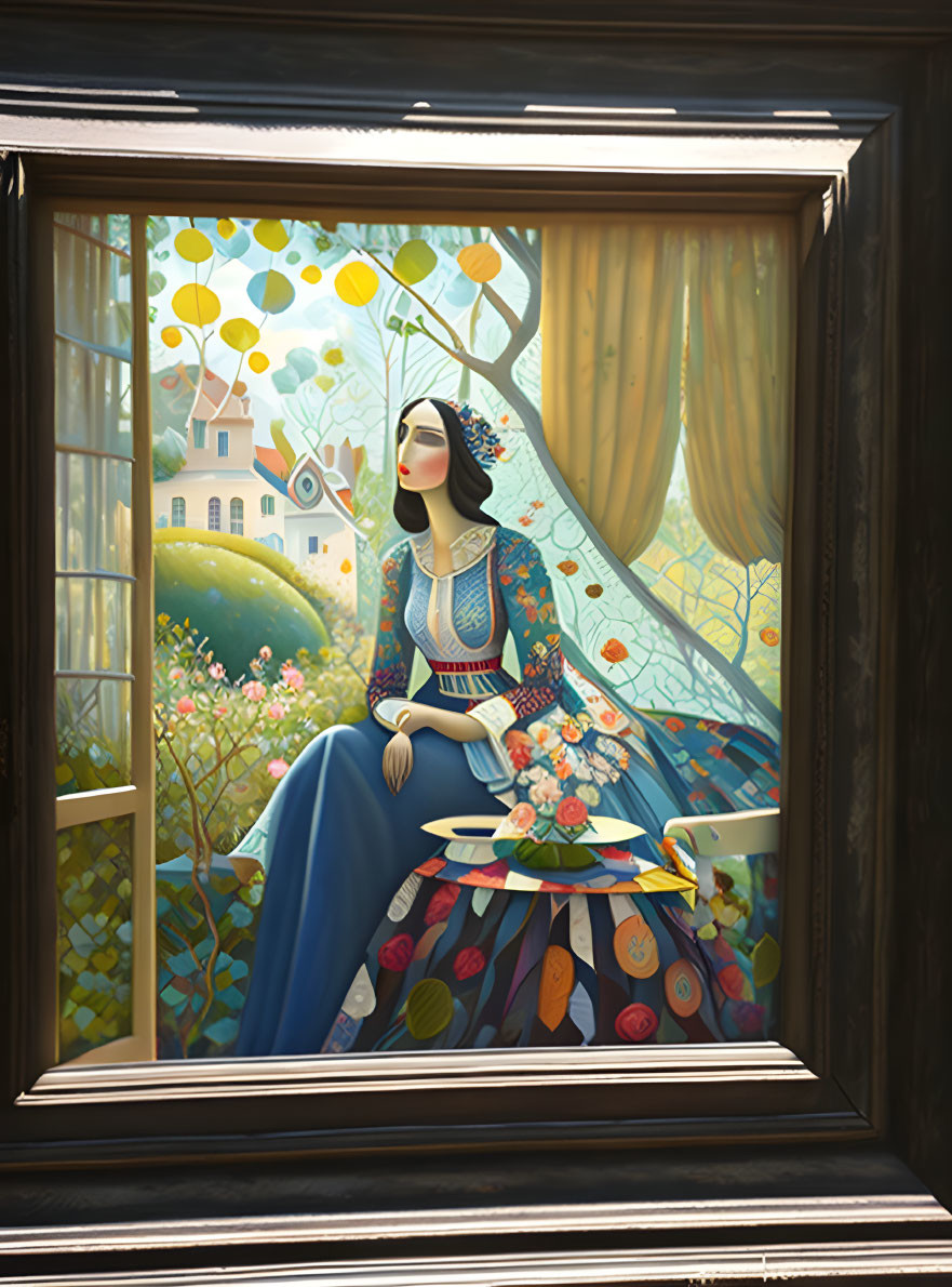 Stylized woman in blue dress with paint palette by window in vibrant garden