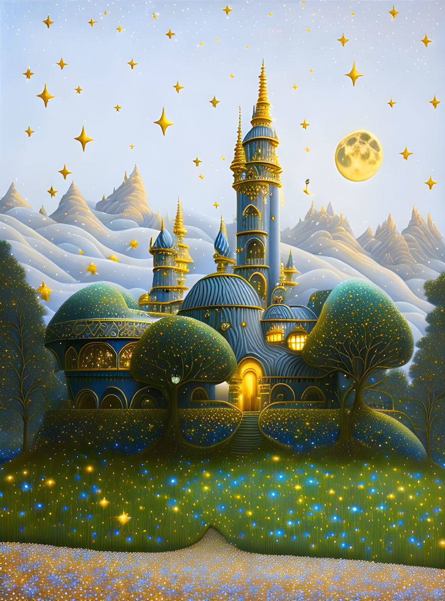 Illustration of fairytale palace with blue domes under starry night sky