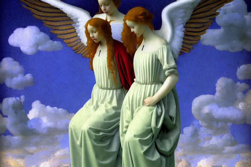 Angels in flowing robes and wings against blue sky with clouds.