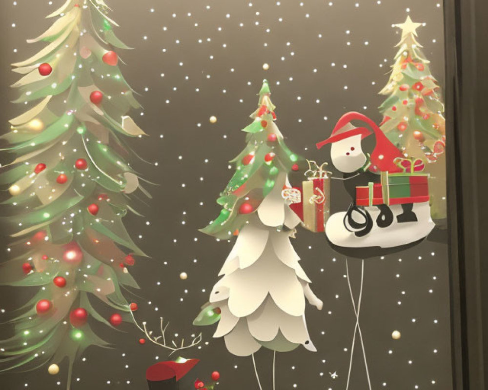 Whimsical holiday illustration with Christmas trees, presents, snowflakes, and sleigh rider