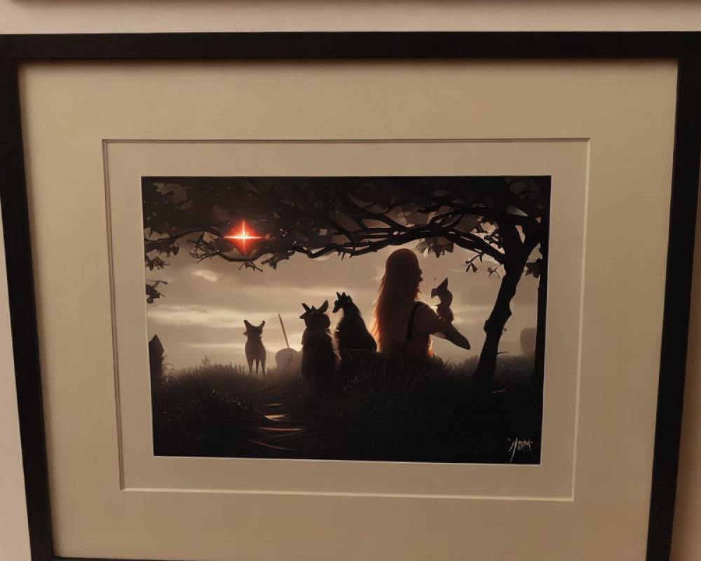 Framed artwork: Girl under tree at sunset with cat and fox