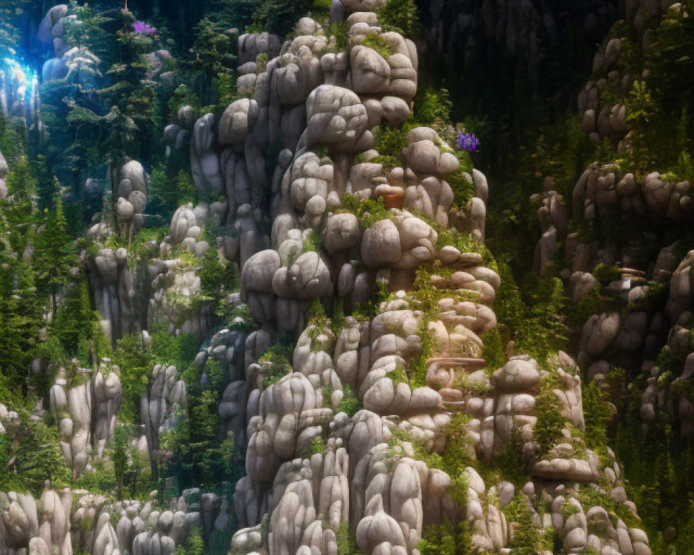 Mystical forest with dense trees, rocky hills, and pagoda on hilltop