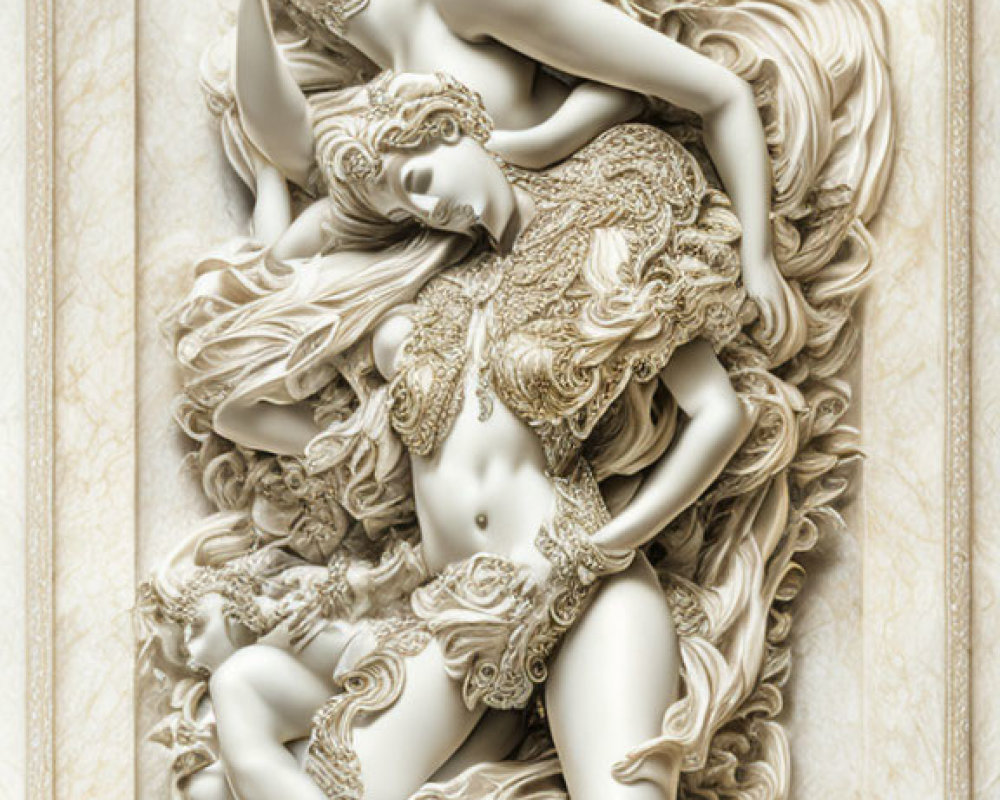 Intricate Bas-Relief Sculpture of Reclining Winged Woman